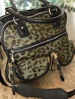 Aimee Kestenberg LUCY Olive Leopard Print Satchel w/ Black Trim, Silver Hardware